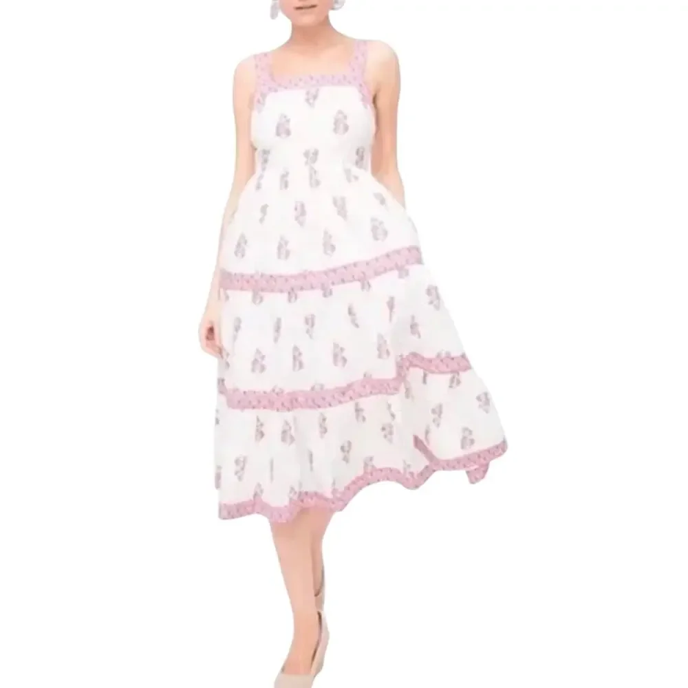 J. Crew Floral Tiered Midi Dress, Pink White Cotton Smocked Back, Plus Size 16